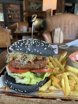 Beyond burger with regular fries at Twist - Hotel Valsana in Arosa