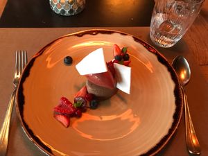 Chocolate mousse with sorbet  at Twist - Hotel Valsana in Arosa