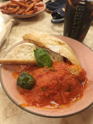 Vegan meatballs and bread and oil at P & D Italian Quarter in Liverpool