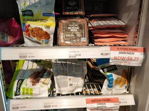Omni meat, beyond meat and Gardein sausage patties and beefless tips at Four Seasons Organic Market in Central Singapore