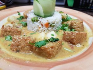 Dhokla Lentil bread in a curry gravy, with potatoes and diced tomatoes, served with basmati rice. at Gloria's Restaurant in Sudbury