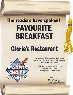 Best Breakfast in Sudbury 2015 at Gloria's Restaurant in Sudbury