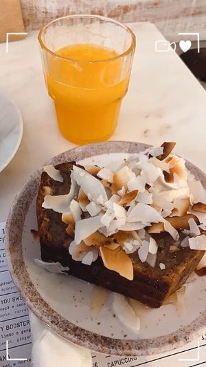 Part of the vegan brunch: Banana Cake & orange Juice. Cake was very good! at Frutaria in Lisbon