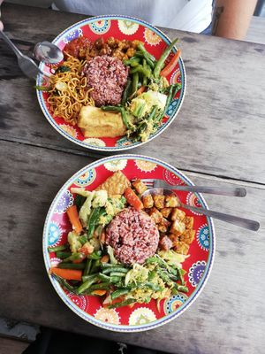 30k per plate but found out there's fish sauce in most of this so it's not vegan or vegetarian. at Varuna Warung in Canggu