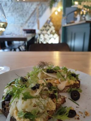 Toast with artichoke cream at Les Mauvaises Herbes in Lyon