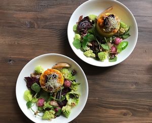 Roasted winter vegetables with polenta at Les Mauvaises Herbes in Lyon