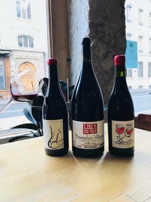 Natural red wines at the wine bar at Les Mauvaises Herbes in Lyon