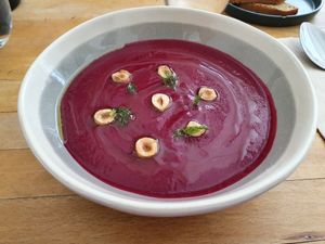 Gazpacho de betterave au yaourt végétal at Les Mauvaises Herbes in Lyon