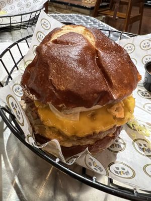 Beyond burger w the fixings and vegan cheese (not sure what brand) on a pretzel bun   at Burger Barr in Sewell