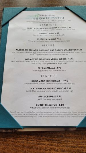 Menu at The Oyster Smack Inn in Burnham-on-crouch