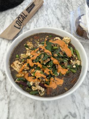 Power Bowl!! Delicious (Black Lentils, San San Tofu, Cauliflower Rice, Peas, Sauteed Greens, Pumpkin Seeds, Romesco Sauce)  at Local Foods - Upper Kirby in Houston