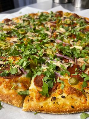 Vegan Canadian Style Pizza  at The Thyme Pizzeria in Winnetka