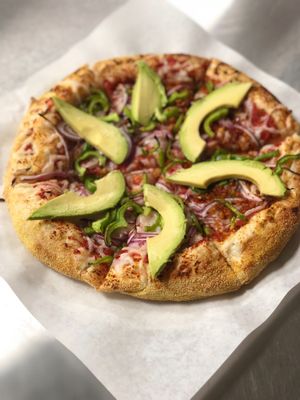 Craft your vegan pizza: Signature red sauce, dairy vegan cheese, onions, green bell peppers, avocado  at The Thyme Pizzeria in Winnetka