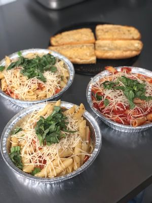Vegan pasta with vegan garlic bread  at The Thyme Pizzeria in Winnetka