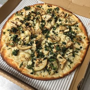 Eggplant & Spinach vegan pizza on gluten-free crust  at The Thyme Pizzeria in Winnetka