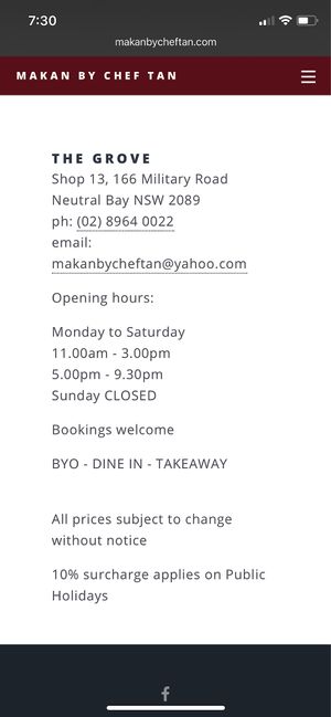 Restaurant details  at Makan by Chef Tan in Neutral Bay