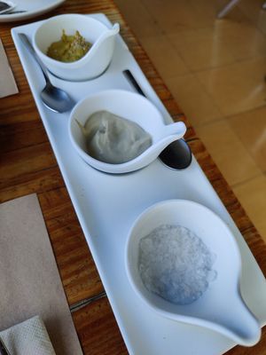 Dips that come with the bread. The middle one is a vegan wasabi mayonnaise that tasted amazing! at Puerta Verde in Lanzarote