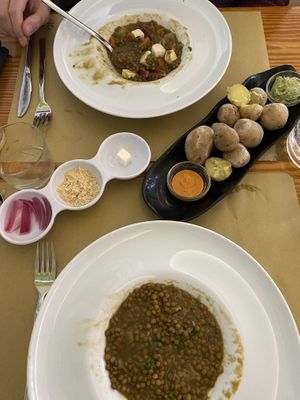 Lentil stew (cheese comes on the side) and Canarian potatoes  at Puerta Verde in Lanzarote