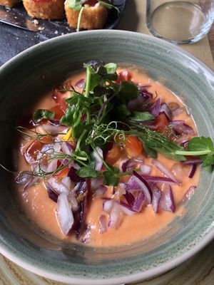 Salmorejo, leckere, kalte, vegane Gemüsesuppe   at Puerta Verde in Lanzarote