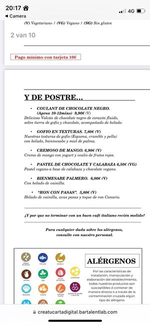 Dessert menu  at Puerta Verde in Lanzarote
