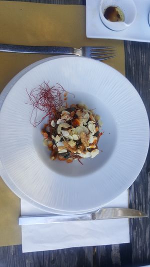 Vegan aubergine dish. Ordered with Canadian potatoes for delicious meal  at Puerta Verde in Lanzarote