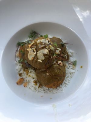 Tofu balls on basmati rice  at Puerta Verde in Lanzarote