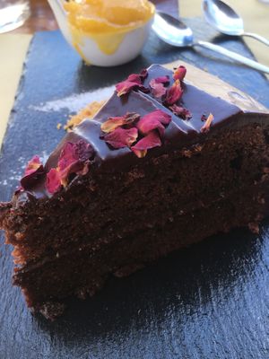 Chocolate cake and mango-ginger sorbet  at Puerta Verde in Lanzarote