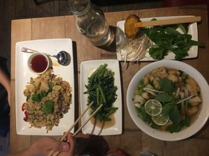Pan fried “broken rice”+sauted water spinach with garlic, “Super Green” pho with extra tofu at Pho in Kingston Upon Thames