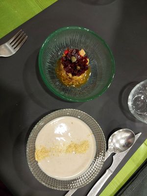 Beetroot tartar and almond and garlic soup at Gaia in Burgos