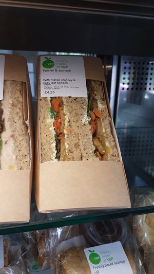 Falafel & Spinach sandwich.
Clear vegan label. at The Kitchen at YSP Centre in Wakefield
