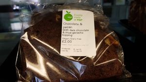 Chocolate & Pecan cake.
Clear vegan label. at The Kitchen at YSP Centre in Wakefield