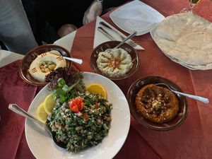 Cold Meze (Tabbouleh, Hummus, Muhammara, and Baba Ganoush + Bread)  at MezzaNotte in Fuengirola
