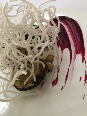 Grilled avocado and beet purée  at Americana in Las Vegas