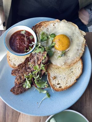 Vegan egg and tempeh bacon on toast   at One for the Crow in Maidstone