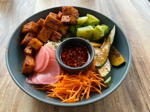 Bibimbap with Korean glazed tofu instead of mock chicken at my request   at One for the Crow in Maidstone