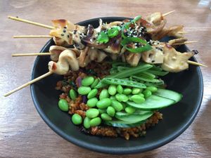 Special (mushroom skewers on top of fried rice) at One for the Crow in Maidstone