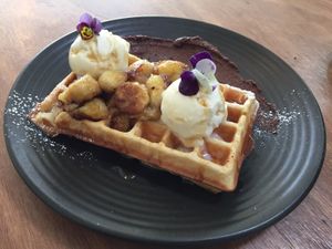 Waffles with caramelised banana, icecream and vegan chocolate hazlenut sauce at One for the Crow in Maidstone