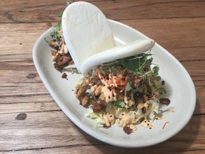 Special - pulled oyster mushroom baos with pickled carrot, wombok, cucumber, roast peanuts and sriracha mayo... AMAZINGLY DELICIOUS at One for the Crow in Maidstone