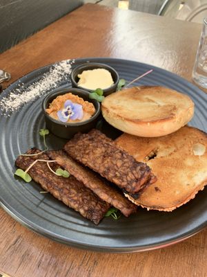 Bagel and tempeh bacon at One for the Crow in Maidstone