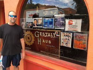 Russ loves a GHaus Vegan dog and Vice’s PSAs! at Gestalt Haus in Fairfax