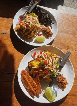 Chilli tofu scramble with sides of mushrooms and tempeh  at Byron Bay General Store in Byron Bay