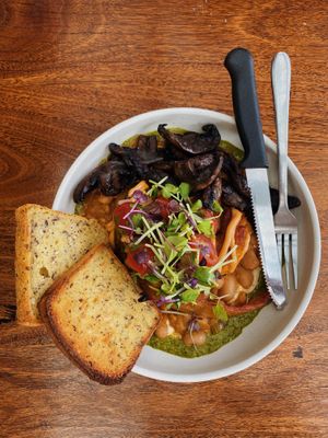 Smoky beans with pesto pumpkin and chipotle cream  at Byron Bay General Store in Byron Bay