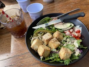 Cold brew coffee and sesame tofu salad   at Byron Bay General Store in Byron Bay
