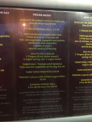 Vegan menu  at Tibetan Momo Cafe & Gifts in West End