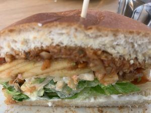 Inside jackfruit burger  at Dicki's in New Farm