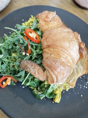 Green “eggs” on croissant  at Dicki's in New Farm