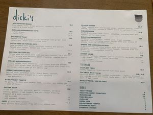 Latest menu  at Dicki's in New Farm