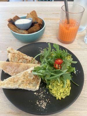 Scrambled tofu, eggplant fries, ginger ninja juice   at Dicki's in New Farm