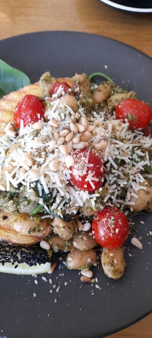 Butter beans on pumpkin sourdough with pine nuts and parmezan at Dicki's in New Farm