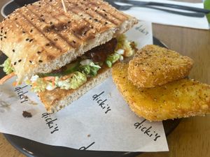 Sticky duck toastie (with hash browns added)  at Dicki's in New Farm